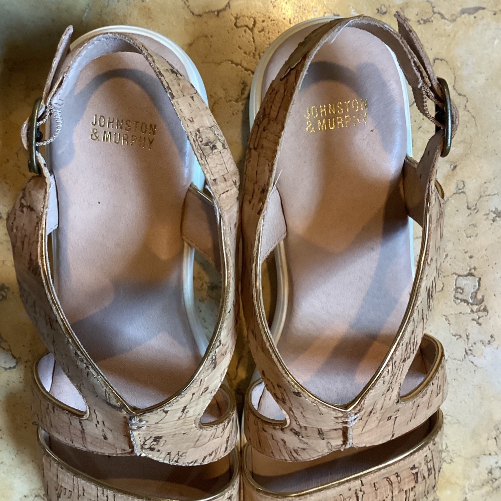 Johnston & Murphy Cora Natural Cork Gold Piped Wedge Comfort Cushioned Sandals - Picture 5 of 10